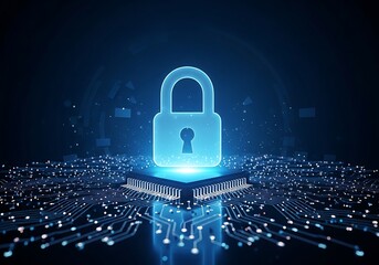 Cyber security concept glowing padlock on a circuit board with blue light