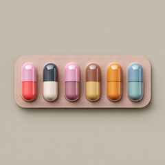 A row of colorful pharmaceutical capsules lying on a textured tray against a neutral background