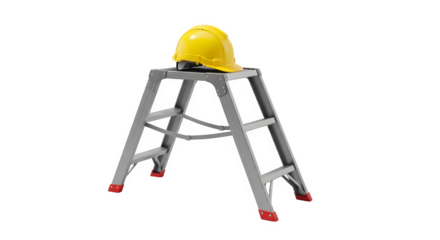 Yellow hard hat placed on top of a silver stepladder isolated on transparent background