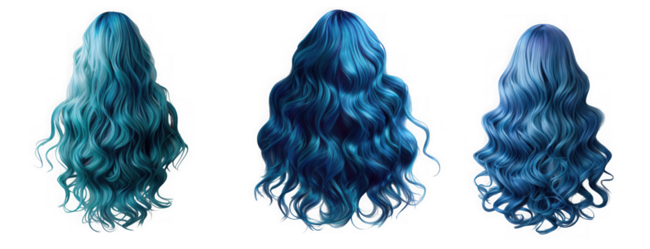 Three vibrant shades of blue wavy hair, long and flowing, viewed from the back, isolated on transparent background