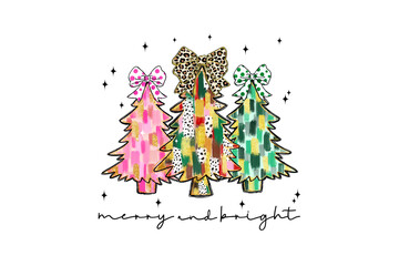 'Merry and Bright' with Leopard Print and Pink Christmas Trees illustration Sublimation Design