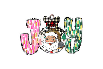 Christmas 'JOY' Sublimation Design with Santa and Plaid Bow illustration Sublimation Design