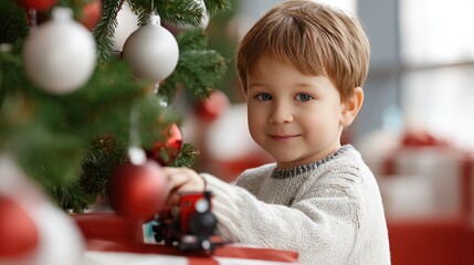 A boy smiles while playing with a model train in a warm living room filled with holiday lights, showcasing childhood joy and creativity