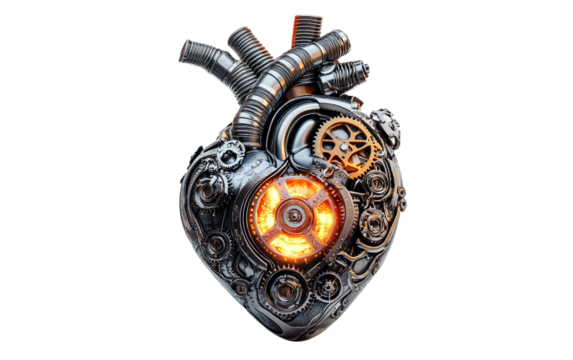 Steampunk inspired mechanical heart with rotating gears arranged neatly showcasing intricate metallic design isolated on transparent background PNG
