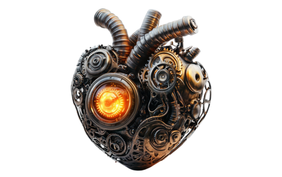 Collection of mechanical heart models displayed together emphasizing steampunk style and detailed craftsmanship isolated on transparent background PNG