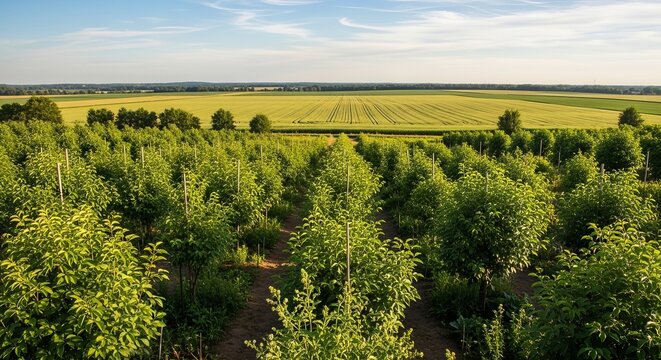 Aerial view of a lush green orchard with rows of trees and a golden field in the background under a blue sky - Powered by Adobe