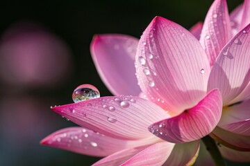 Closeup of a pink lotus flower with water droplets on its petals