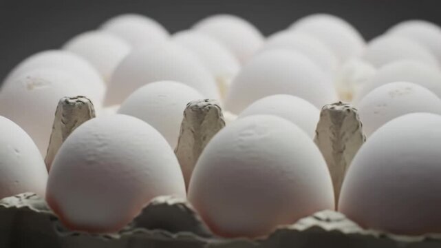 Fresh white eggs packed neatly in a cardboard carton under soft lighting, creating gentle shadows