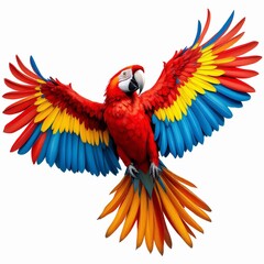 Obraz premium A vibrant scarlet macaw parrot with wings spread wide, isolated on white background