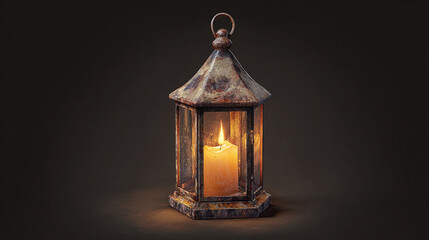 Obraz premium An antique lantern with a lit candle, casting a warm glow in a dimly lit space. The lantern is intricately designed with a vintage aesthetic.
