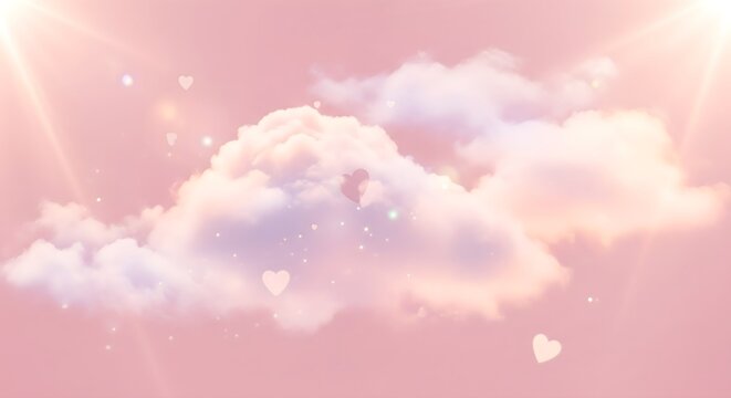 "Ethereal and Dreamy Pastel Pink Sky Background Featuring a Soft, Fluffy Cloud Illuminated by Light Beams and Scattered Transparent Heart Shapes." - Powered by Adobe