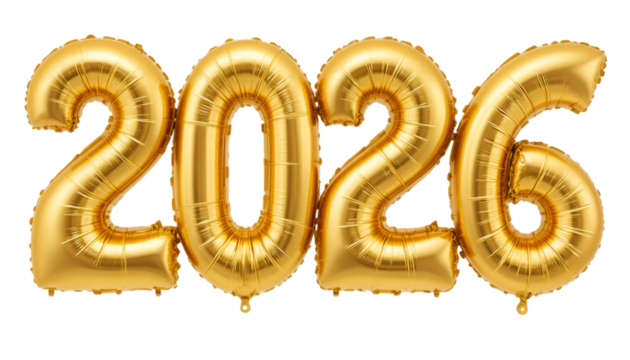 Bright gold balloons symbolize the arrival of 2026