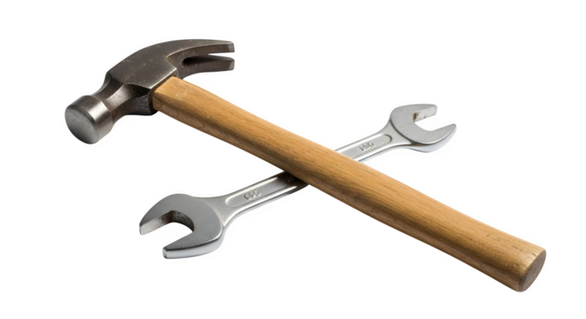 Hammer and wrenches crossed together in a repair or construction concept isolated on transparent background
