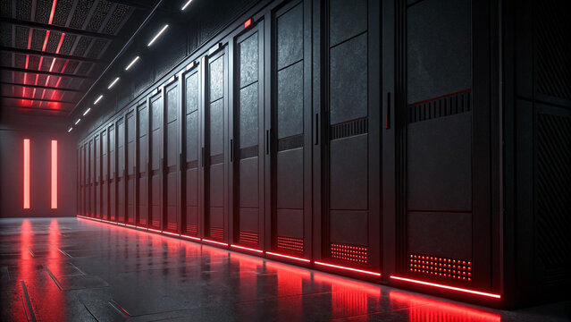Data center server room it infrastructure with red lights and dark corridor