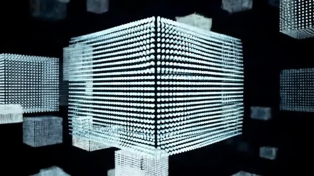 Floating luminous cubes with line patterns on a black backdrop create an abstract futuristic composition