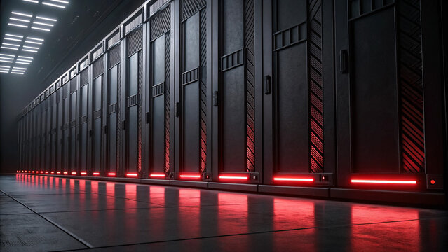 Modern server room data center with black servers and red led lighting design