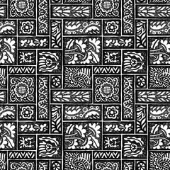 Seamless monochrome floral pattern. Hand-drawn marker texture with bold high-contrast shapes. Folk-inspired decorative layout.