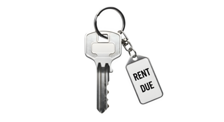 Single key with rent due tag hanging from ring isolated on transparent background