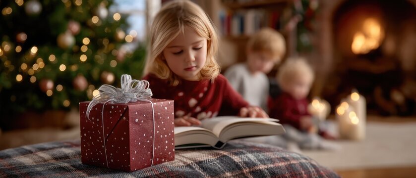 A cheerful child reads a storybook, surrounded by holiday decorations including a Christmas tree and a gift box