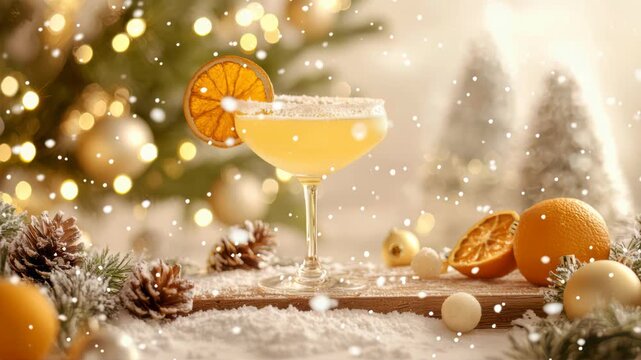 Bright holiday cocktail with festive decorations and sparkling lights
