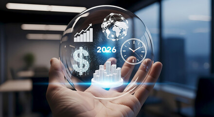 Hand holding a transparent sphere with financial and global icons predicting the year of twenty twenty six