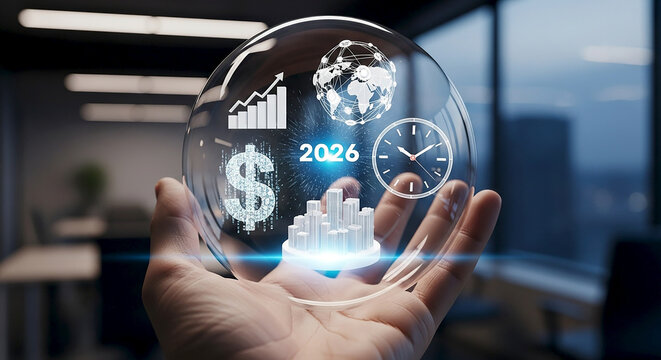 Hand holding a transparent sphere with financial and global icons predicting the year of twenty twenty six