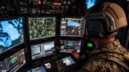 A soldier in military uniform operates advanced technology in a control room. Multiple screens display maps and data. Focus on tactical operations.