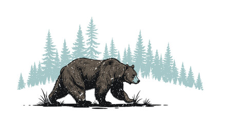 Bear walking in winter forest with snow and evergreen trees  