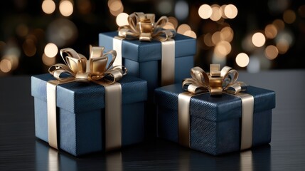 Bright gift boxes with golden bows are scattered amidst falling stars in a misty and dark atmosphere, evoking a festive feeling