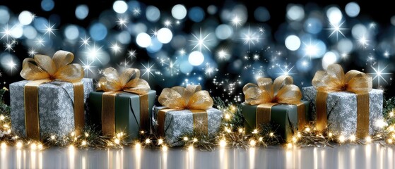 Bright gift boxes with golden bows are scattered amidst falling stars in a misty and dark atmosphere, evoking a festive feeling