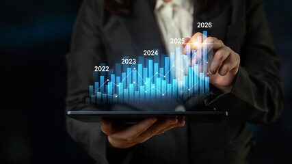 Business bar chart and line graph showing yearly business growth from 2022 to new year 2026, represent data analytics, future 2026 planning, business 2026 trend, and performance analysis 2026 Latch