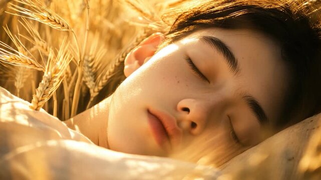 A person resting in a field of wheat, perfect for depicting serenity and peacefulness
