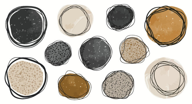 Abstract circular shapes in earthy tones with black outlines  