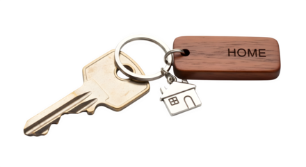 Silver key with home keychain and wooden tag isolated on transparent background