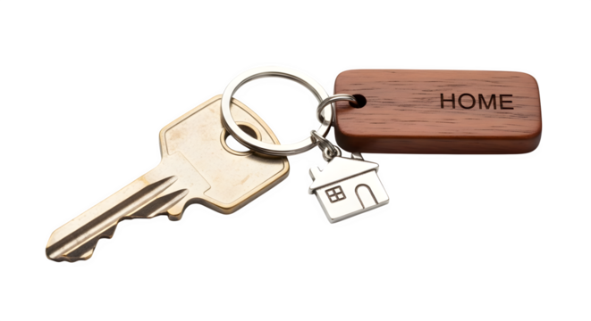 Silver key with home keychain and wooden tag isolated on transparent background