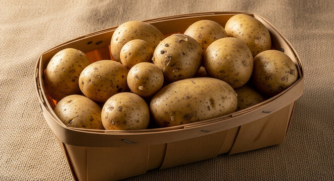 Fresh potatoes in a rustic wooden basket, natural daylight, burlap cloth background, high-detail food photography.