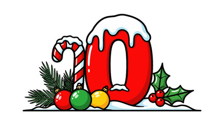 Red number 20 decorated with snow, candy cane, and Christmas ornaments  