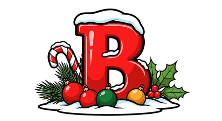 Festive letter B decorated with Christmas elements and snow  