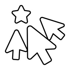 Three mouse pointers and star shape thin line icon, osint analytics concept. Vector graphics. Attention mark, favorite sign on white background, style icon mobile or web design.