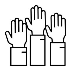 Raised up hands thin line icon, osint analytics concept. Vector graphics. Three hands, voting sign on white background, style icon mobile or web design.