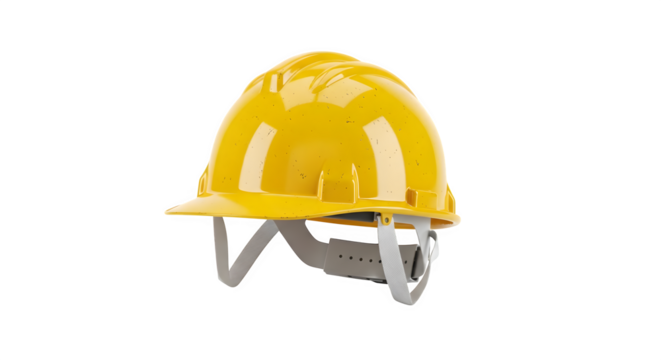Bright yellow construction hard hat safety equipment for industrial work isolated on transparent background