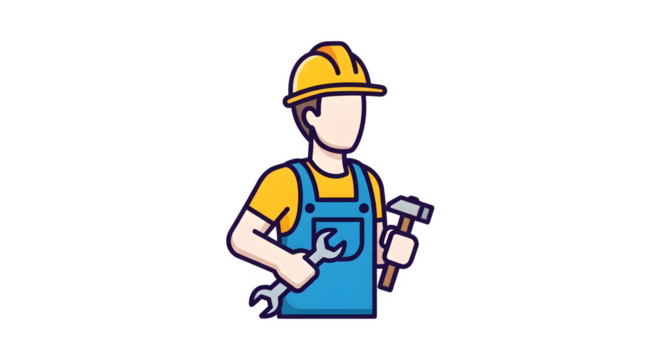 Cartoon construction worker holding wrench and hammer in overalls isolated on transparent background