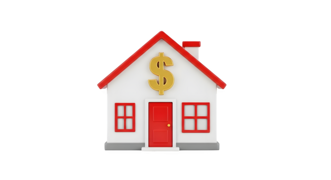 Cartoon house with dollar sign on the facade representing real estate value isolated on transparent background