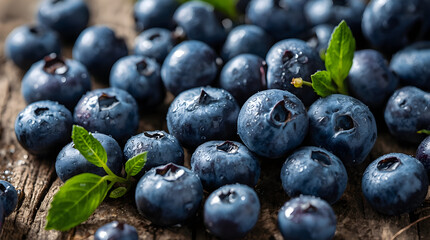 Blueberry Antioxidant Superfood Macro Close-up with Water Droplets - Fresh Healthy Eating, Natural Vitamin Source Concept for Supplement Ads, Diet Blog, Juice Label, and Wellness Website
