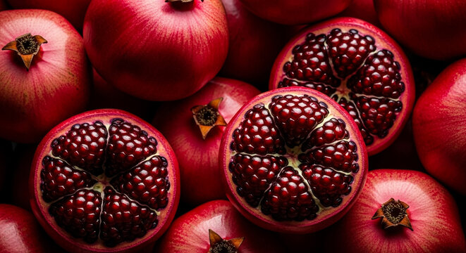 Fresh pomegranate fruit whole and halved with seeds vibrant red color closeup