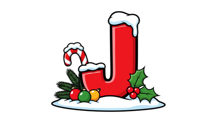 Playful red letter J adorned with snow, candy cane, and holly  