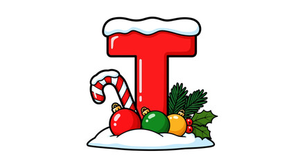 Red letter T decorated with Christmas ornaments and snow  