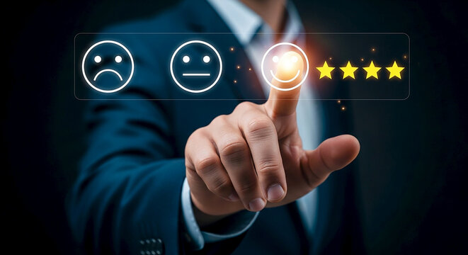 Person pressing a glowing happy face on a rating scale with stars in a dark blue background - Powered by Adobe