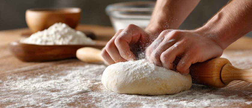 Hands mix and knead flour on a wooden table, with flour dust dancing in the light, highlighting the texture of the dough