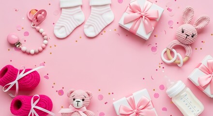Baby Shower Decoration with Presents Socks Pacifier and Toys on Pink Background